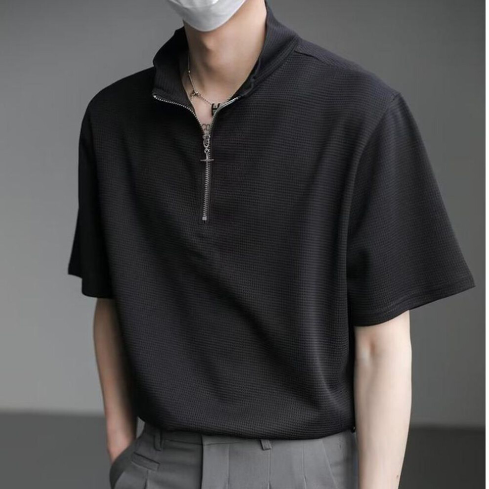 (black, M) Men's Summer Waffle Short-Sleeve Polo Shirt – Loose, Casual Solid Half-Zip Top, American Trendy Style