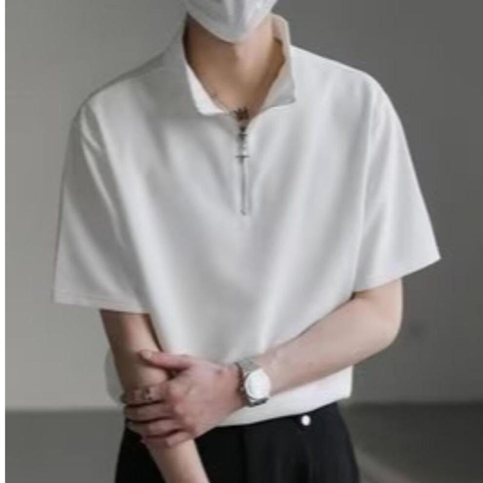 (white, M) Men's Summer Waffle Short-Sleeve Polo Shirt – Loose, Casual Solid Half-Zip Top, American Trendy Style