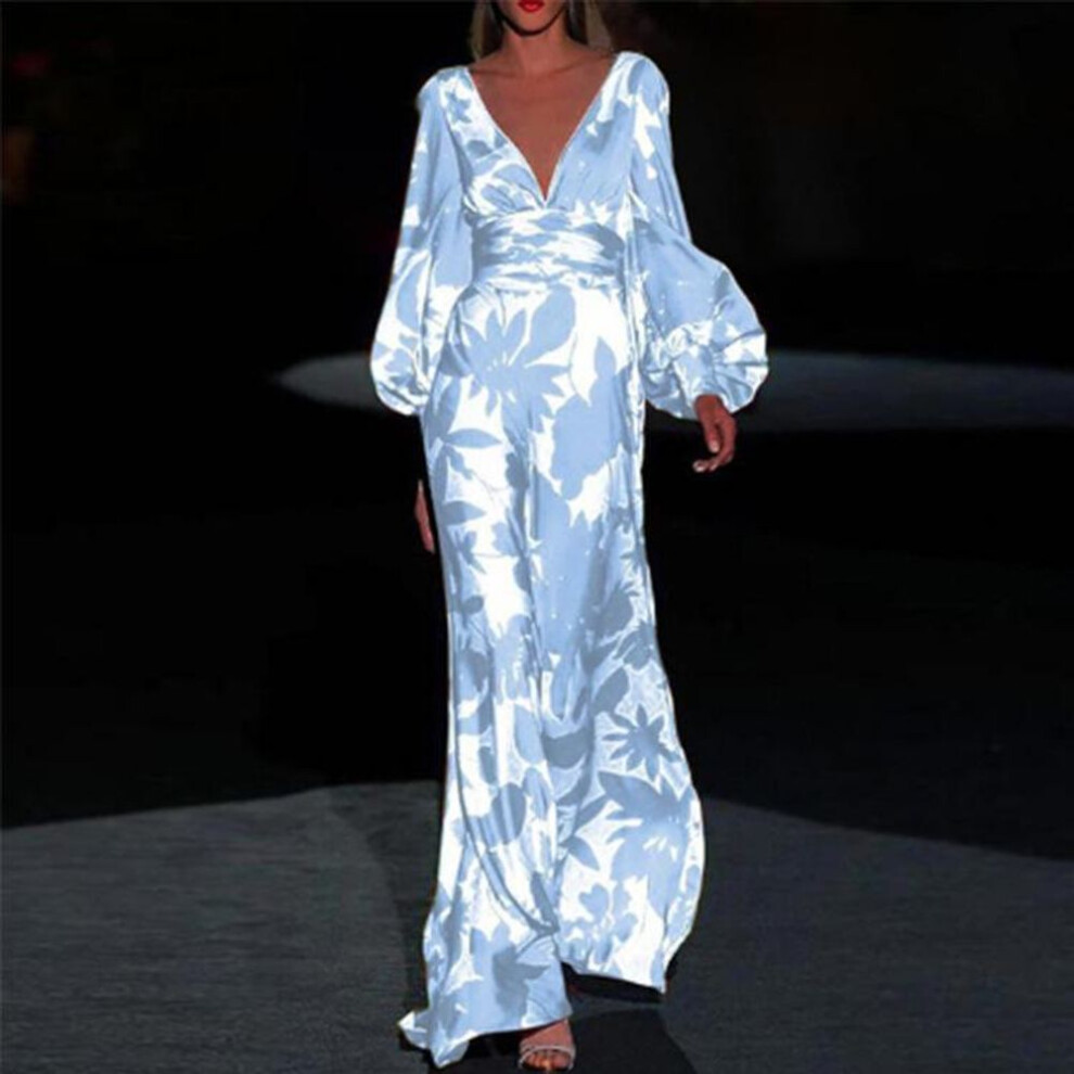 (blue,white, Extra Large (XL)) "2025 Spring/Summer European & American Women's V-Neck Print Dress - Sexy, Loose-Fit Long Skirt