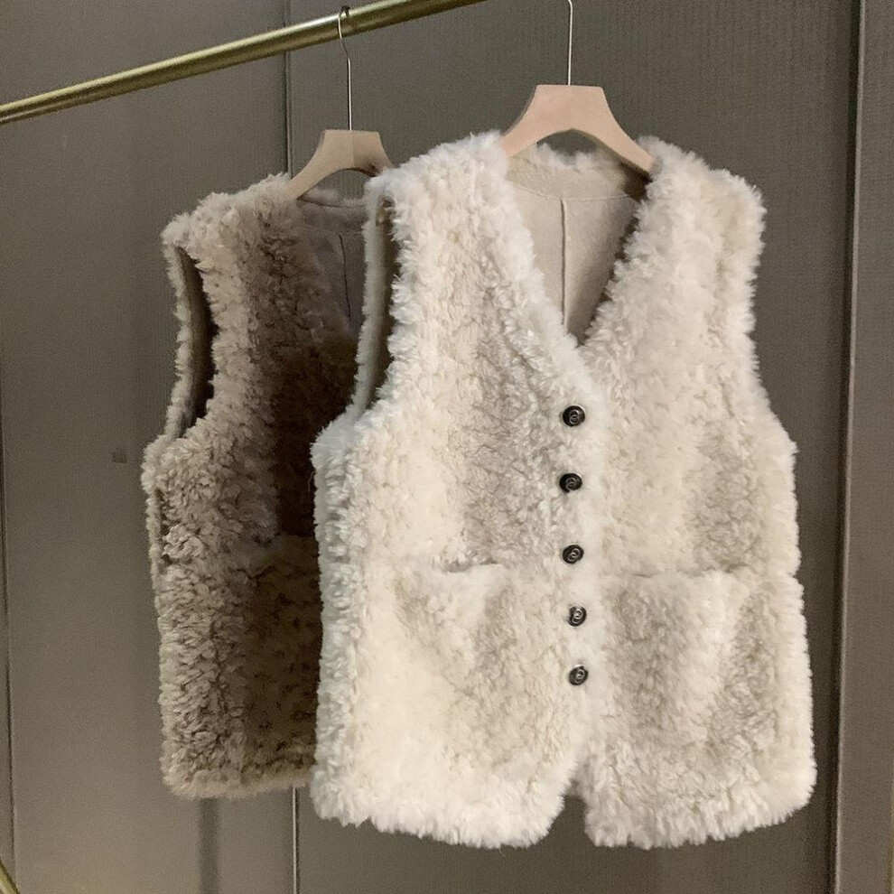 (ivory, L for 115-125 jin) "women's Lambswool Vest With Leather And Fur - 2025 Autumn/winter Fashion, Versatile And Thickened, Trendy Celebrity Jacket