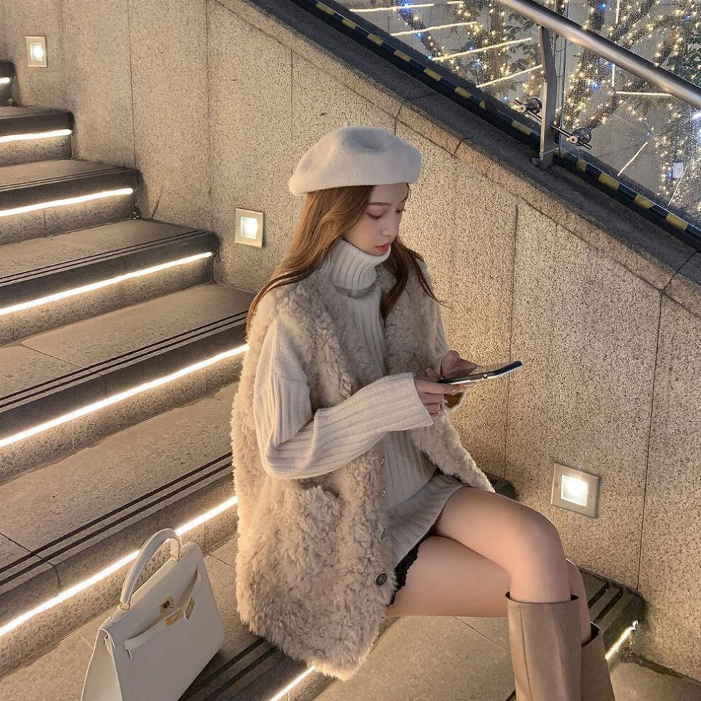 (khaki, M for 100-110 jin) "women's Lambswool Vest With Leather And Fur - 2025 Autumn/winter Fashion, Versatile And Thickened, Trendy Celebrity Jacket