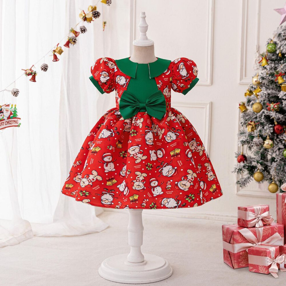 (120cm/5Y) "Christmas Cartoon Snowman Puff Sleeve Princess Party Dress with Bow