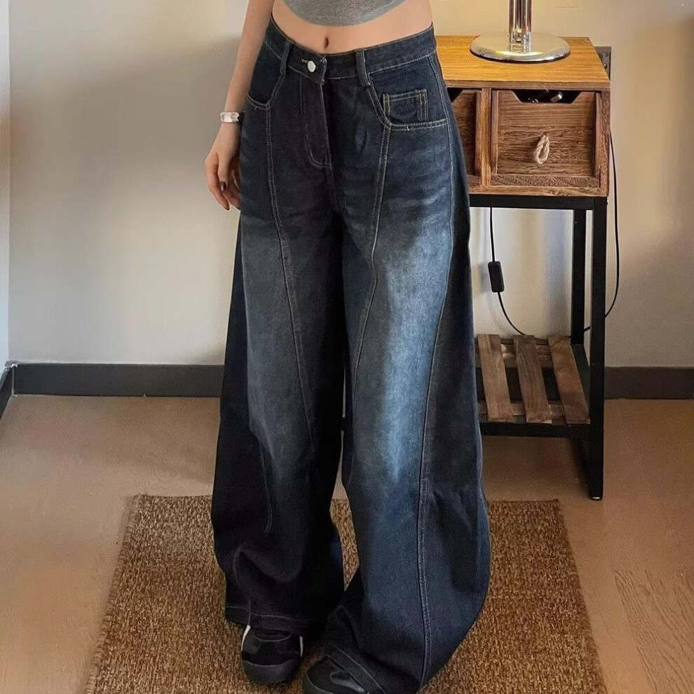(blue, M) Women's American High Street Washed Dark Blue Scimitar Jeans - Autumn 2024 Loose Wide-Leg Pants