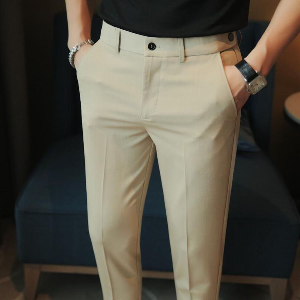 (khaki, 32 (Weight 135-145 jin)) Men's Slim Fit Korean Casual Nine-Point Trousers with Waist Adjustment – Solid Color Summer Wear