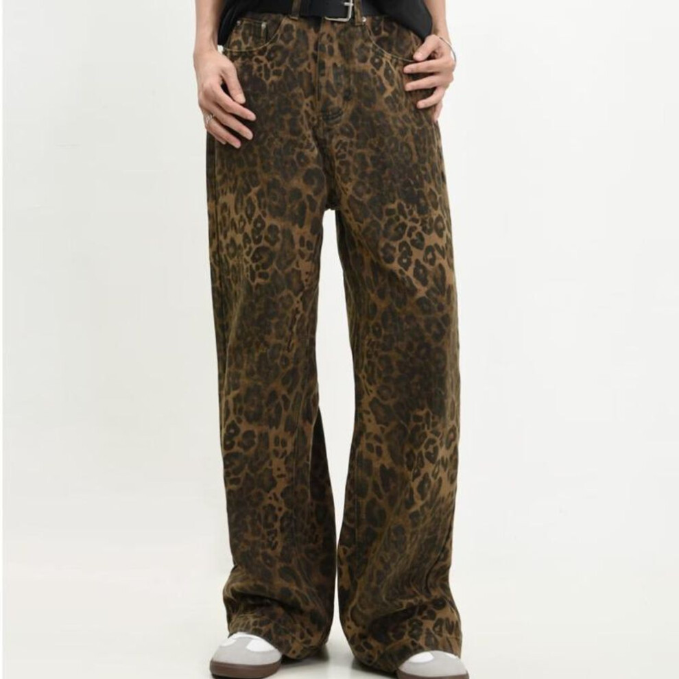 (leopard print, L) "2023 New American Retro Leopard Print Straight-leg Jeans For Men And Women - Autumn/winter Trendy Casual Pants