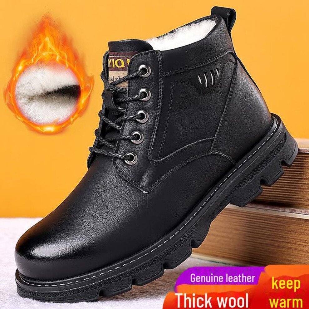 (black, 42) Men's British Style Black Leather Mid-Cut Winter Boots with Velvet Lining