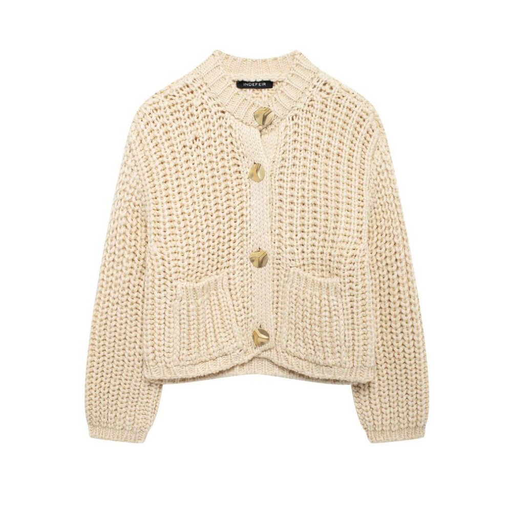 (beige, Small) "ZA Women's European & American Style Round Neck Chunky Knit Single-Breasted Cardigan Sweater 5802113
