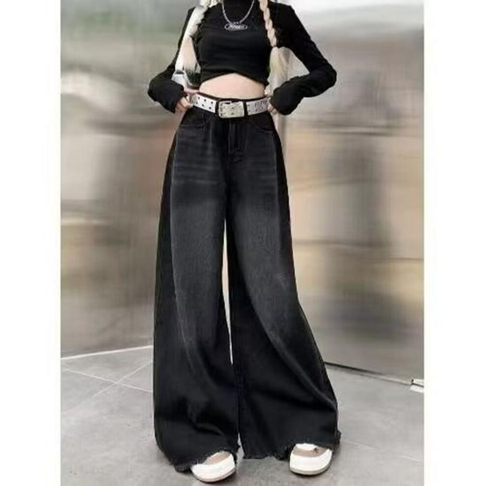(black,gray, L) "Women's Black & Gray High-Waist Denim Skirt Pants - Loose Fit, Slim Draped Wide Leg for Spring & Autumn 2024