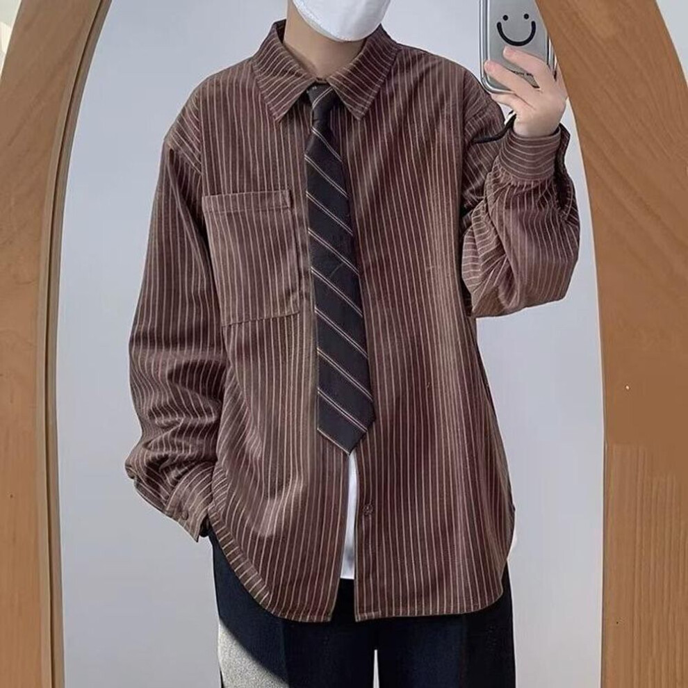(brown, 2XL) "2024 Spring Japanese Retro Striped College Style Loose Casual Unisex Long Sleeve Shirt