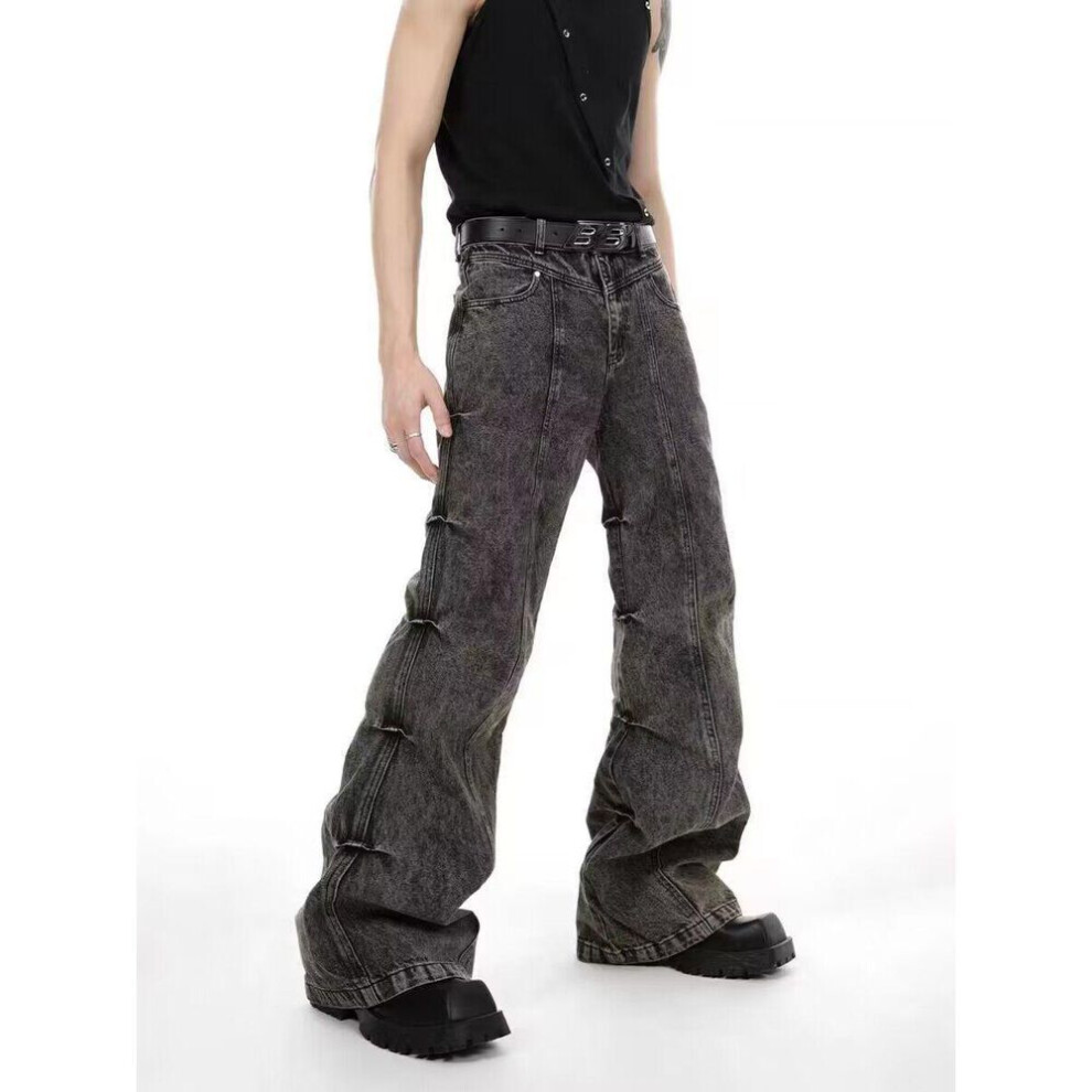 (black gray, Medium) Men's Retro Pleated Wasteland Jeans - Spring/autumn Bell Bottoms