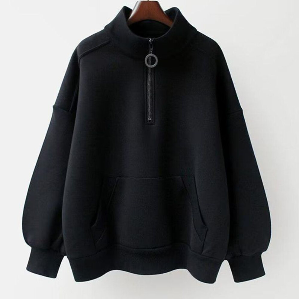 (black, Large) Men's Trendy Solid Color Half Turtleneck Zipper Sweatshirt With Velvet, Long Sleeve, 2024.