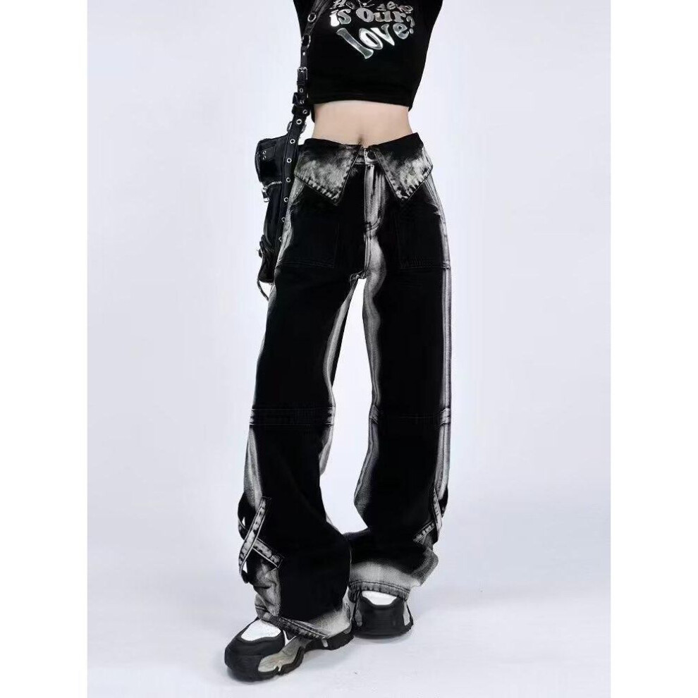 (black, L) "Women's High Street Turn-Up Wide-Leg Jeans: Autumn Loose Slim Fit, All-Match Design