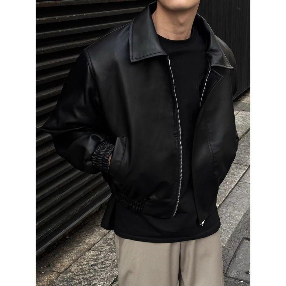(black, Large) Men's Retro Cleanfit Pu Leather Jacket With Shoulder Pads