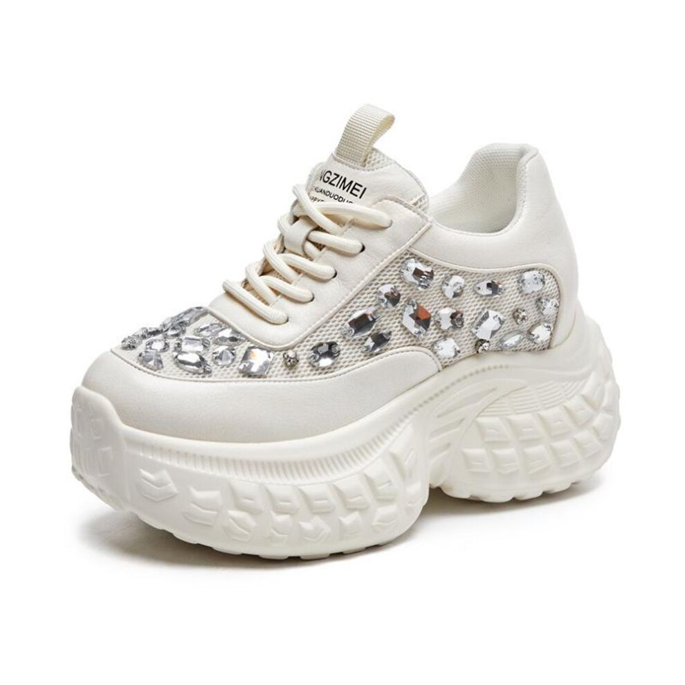 (beige, 34) "8522 Women's Rhinestone Dad Shoes: Height-enhancing, Thick-soled, Breathable For Summer & Autumn 2024.