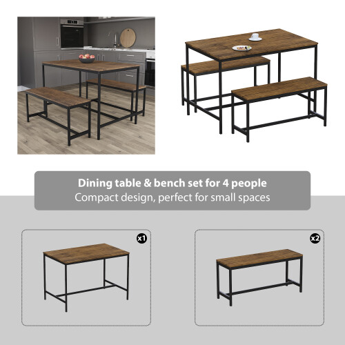 Vida Designs (Dark Wood) Roslyn 4 Seat Home Dining Table & Stool Bench Set 2