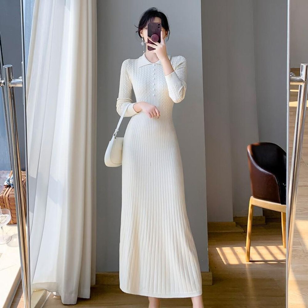 (apricot, Medium) "french-style A-line Knitted Sweater Dress: Women's Autumn/winter Long Coat Dress
