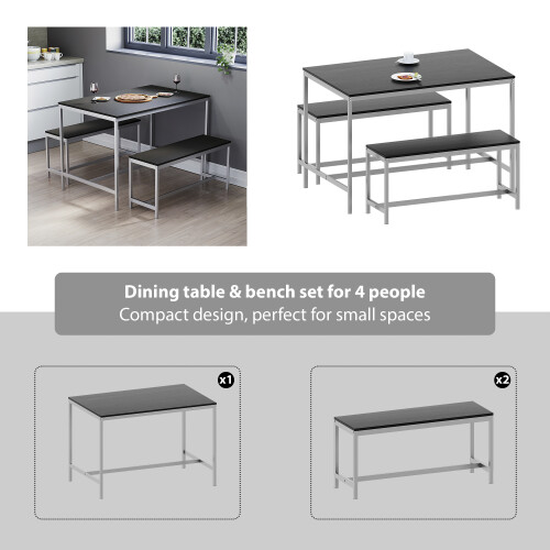 Vida Designs (Black) Roslyn 4 Seat Home Dining Table & Stool Bench Set 2