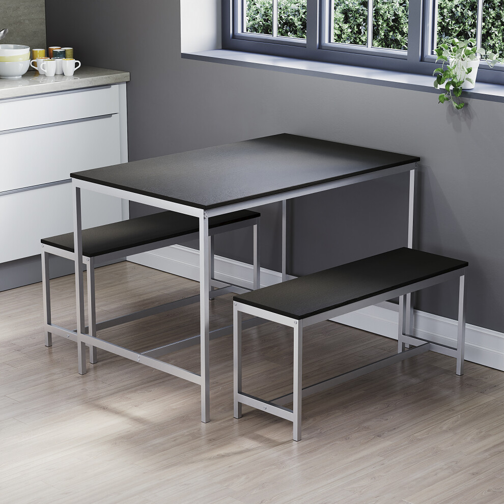 (Black) Roslyn 4 Seat Home Dining Table & Stool Bench Set