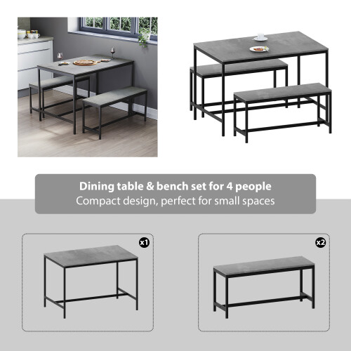 Vida Designs (Concrete Grey) Roslyn 4 Seat Home Dining Table & Stool Bench Set 2