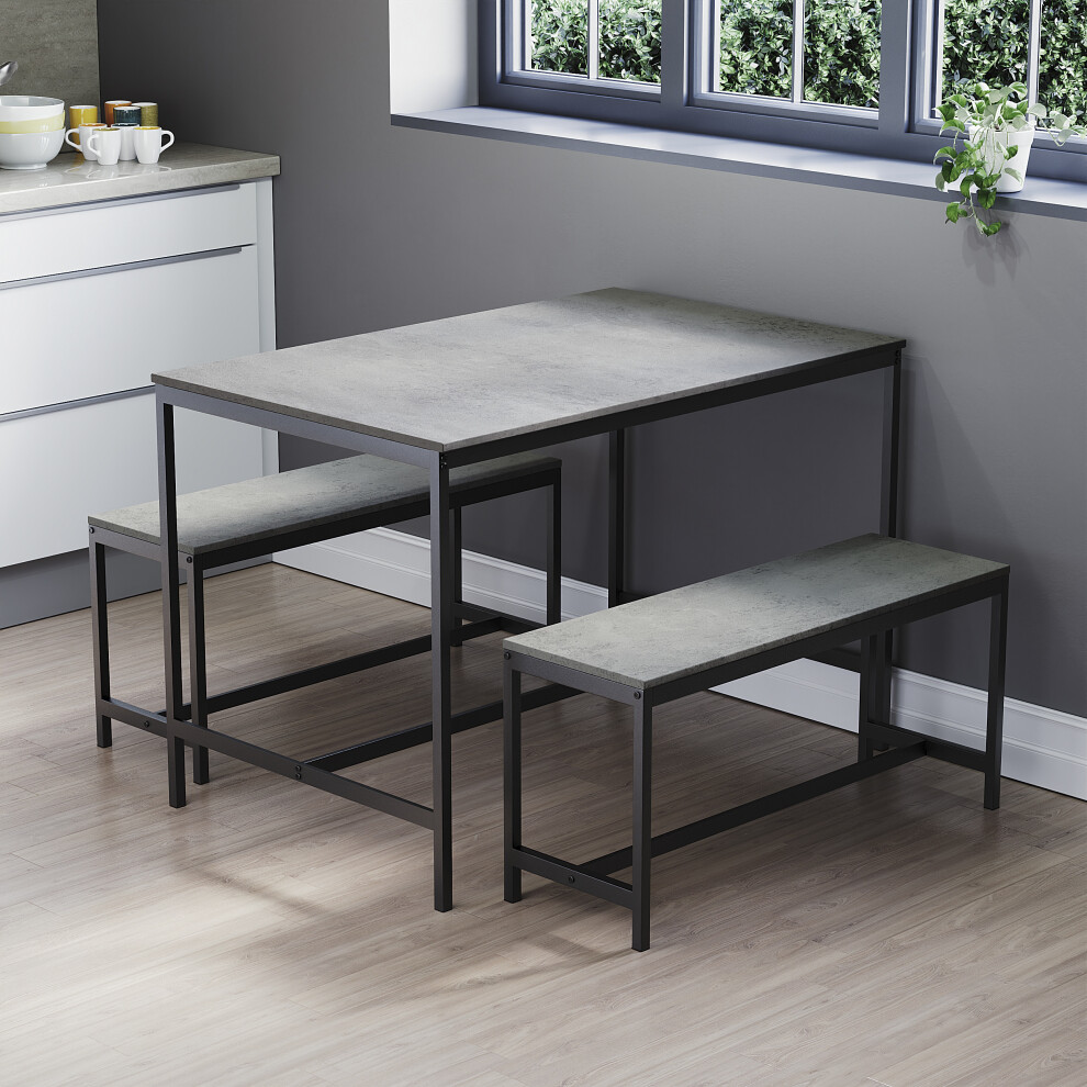 (Concrete Grey) Roslyn 4 Seat Home Dining Table & Stool Bench Set