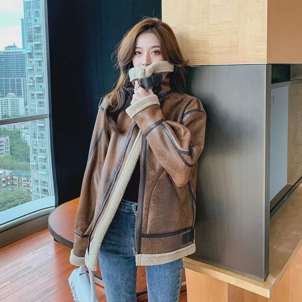 (dark brown, M) 2024 Women's Retro Winter Motorcycle Jacket - Lambswool, Suede, Deerskin, Maillard Fur Coat