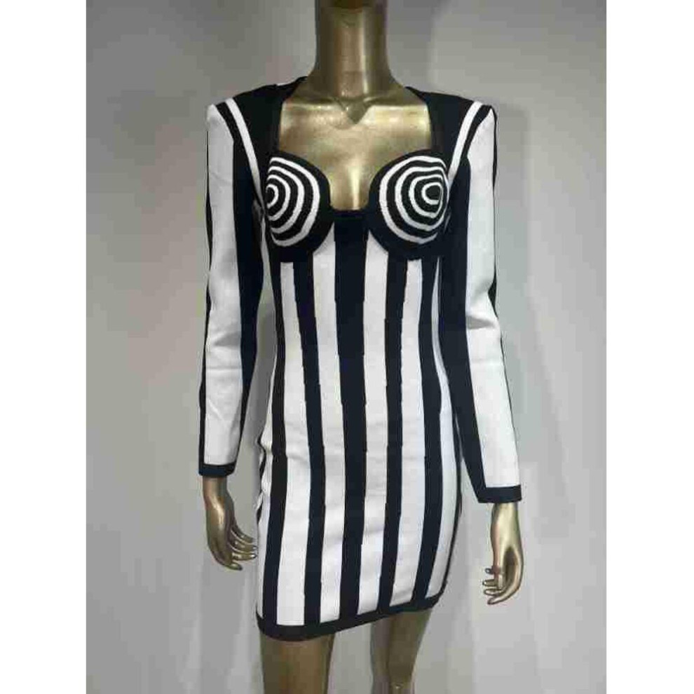 (black,white, XS) Black & White Striped Bandage Dress - European & American High Street Party Fashion