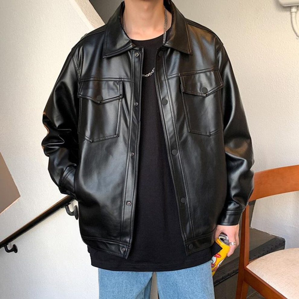 (Medium) "2023 Trendy Boys' Loose Motorcycle Leather Jacket - Handsome Korean Style For Spring And Autumn