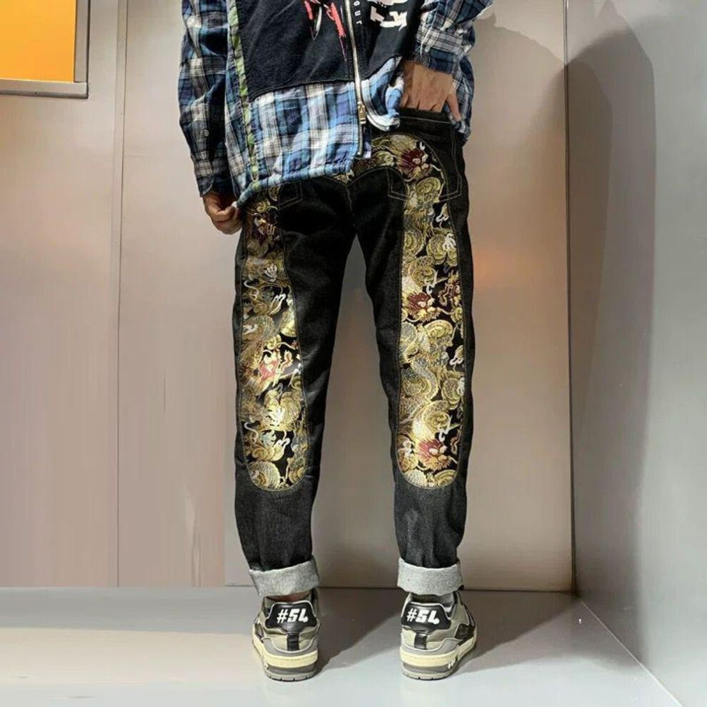 (black, 33) Men's Casual Loose Jeans with Large M Embroidery, Slim Straight Fit, National Trend Style