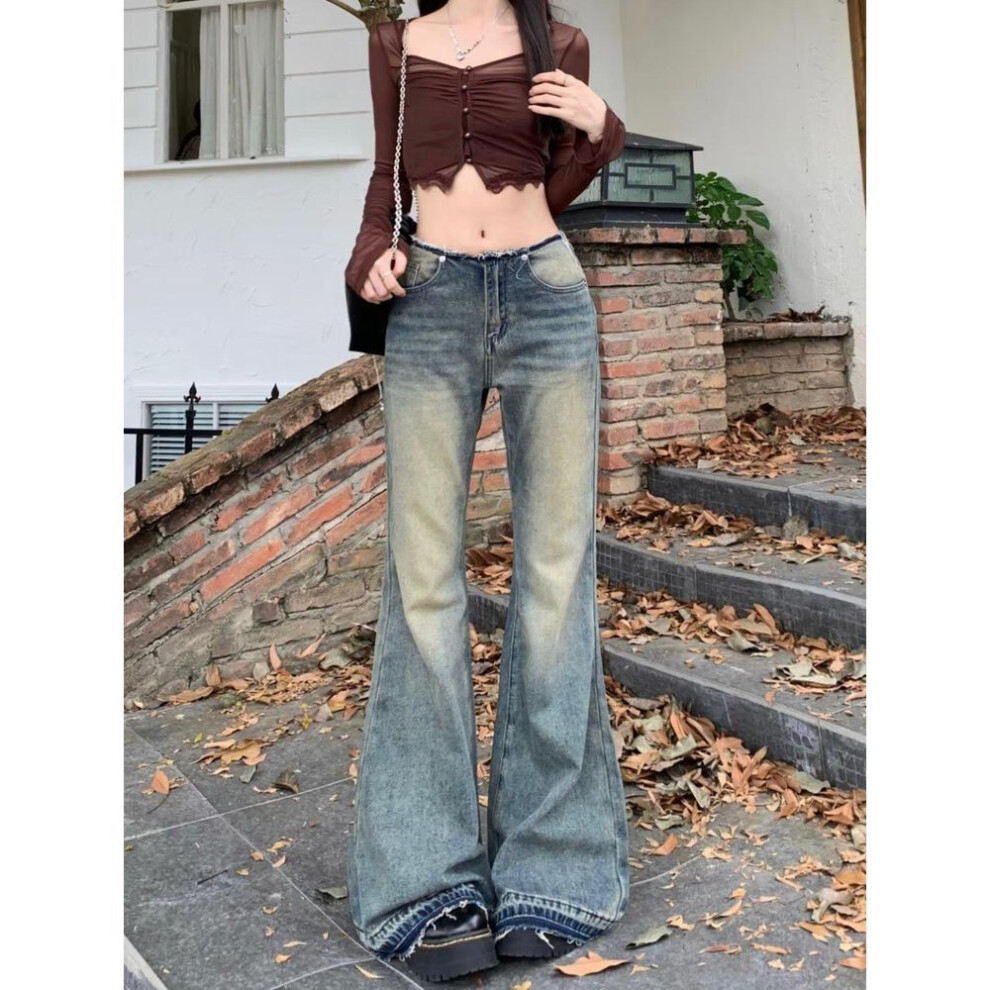 (blue, Medium) "Women's Retro Flared Jeans: Low Waist, Slim Wide-Leg, Floor-Length - Summer/Autumn 2024