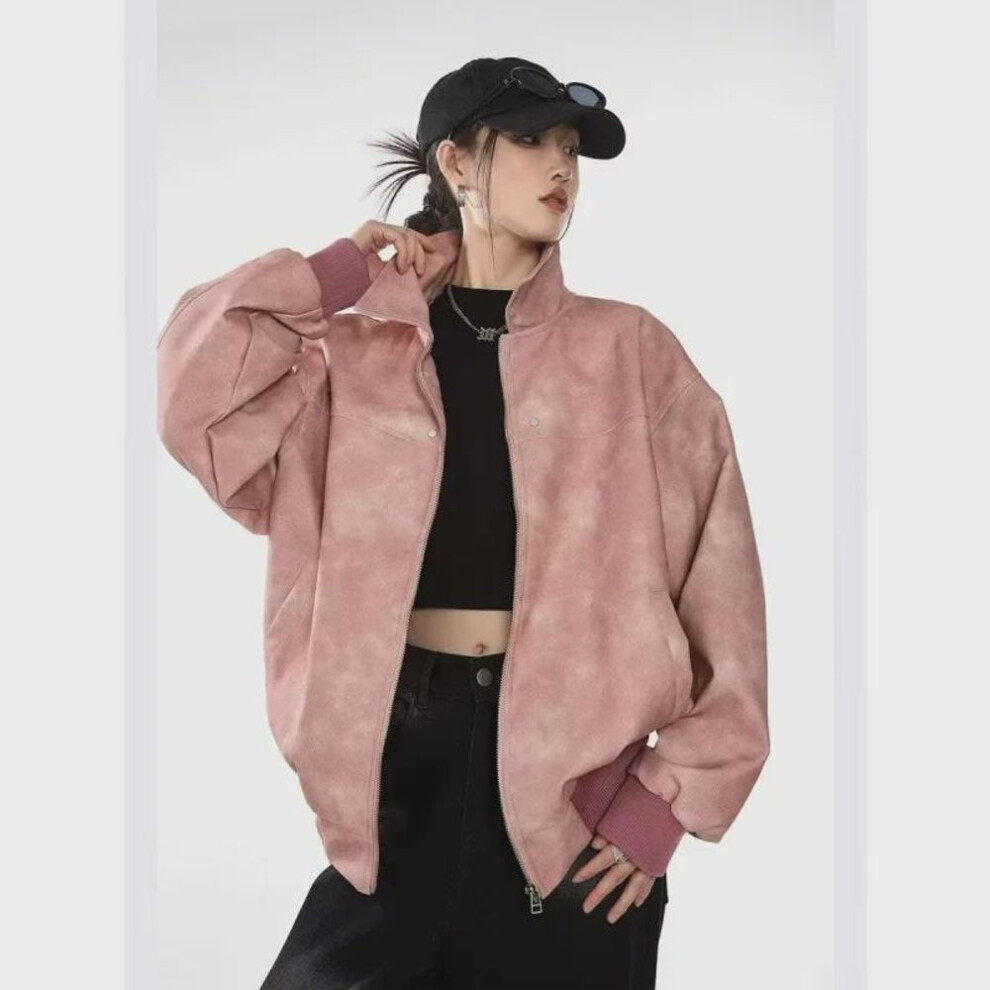 (pink, M) Owox Retro American Motorcycle Washed Distressed Leather Jacket In Maillard Color