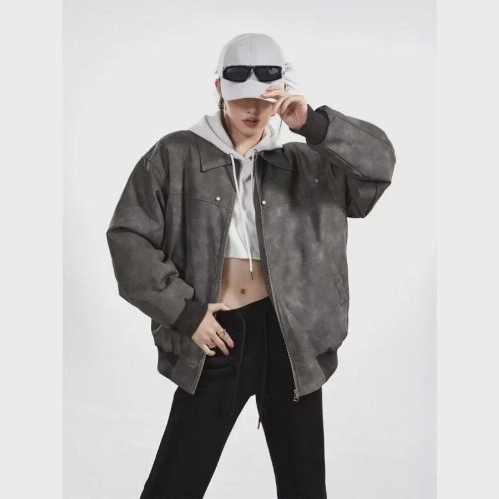 (gray, M) Owox Retro American Motorcycle Washed Distressed Leather Jacket In Maillard Color