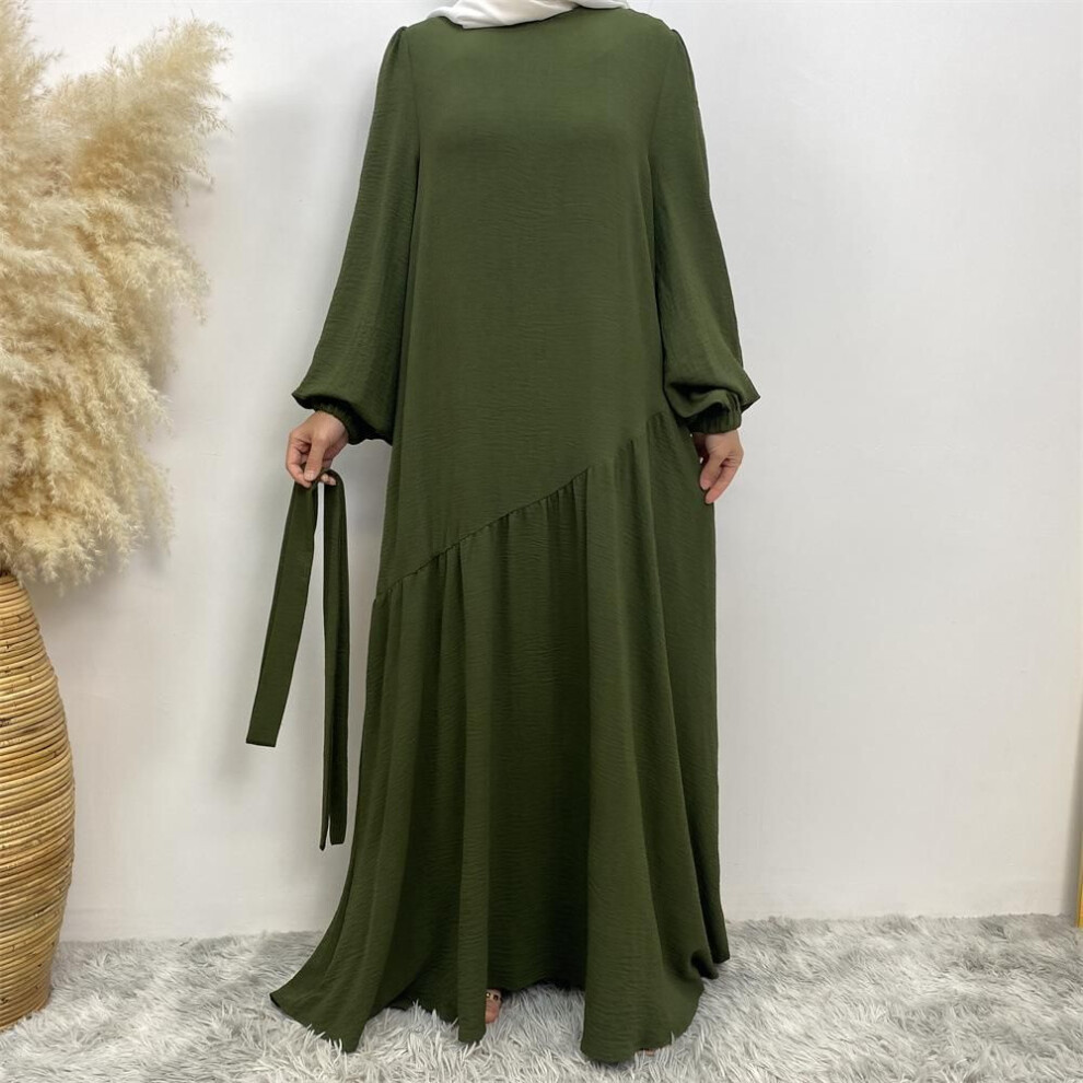 (army green, M) Middle East Dubai Fashion Women's Solid Color Splicing Large Swing Dress - Style 6738