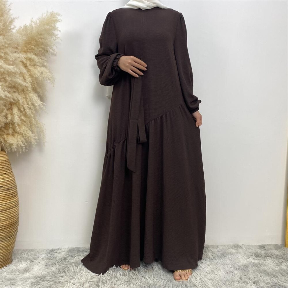 (coffee, XL) Middle East Dubai Fashion Women's Solid Color Splicing Large Swing Dress - Style 6738