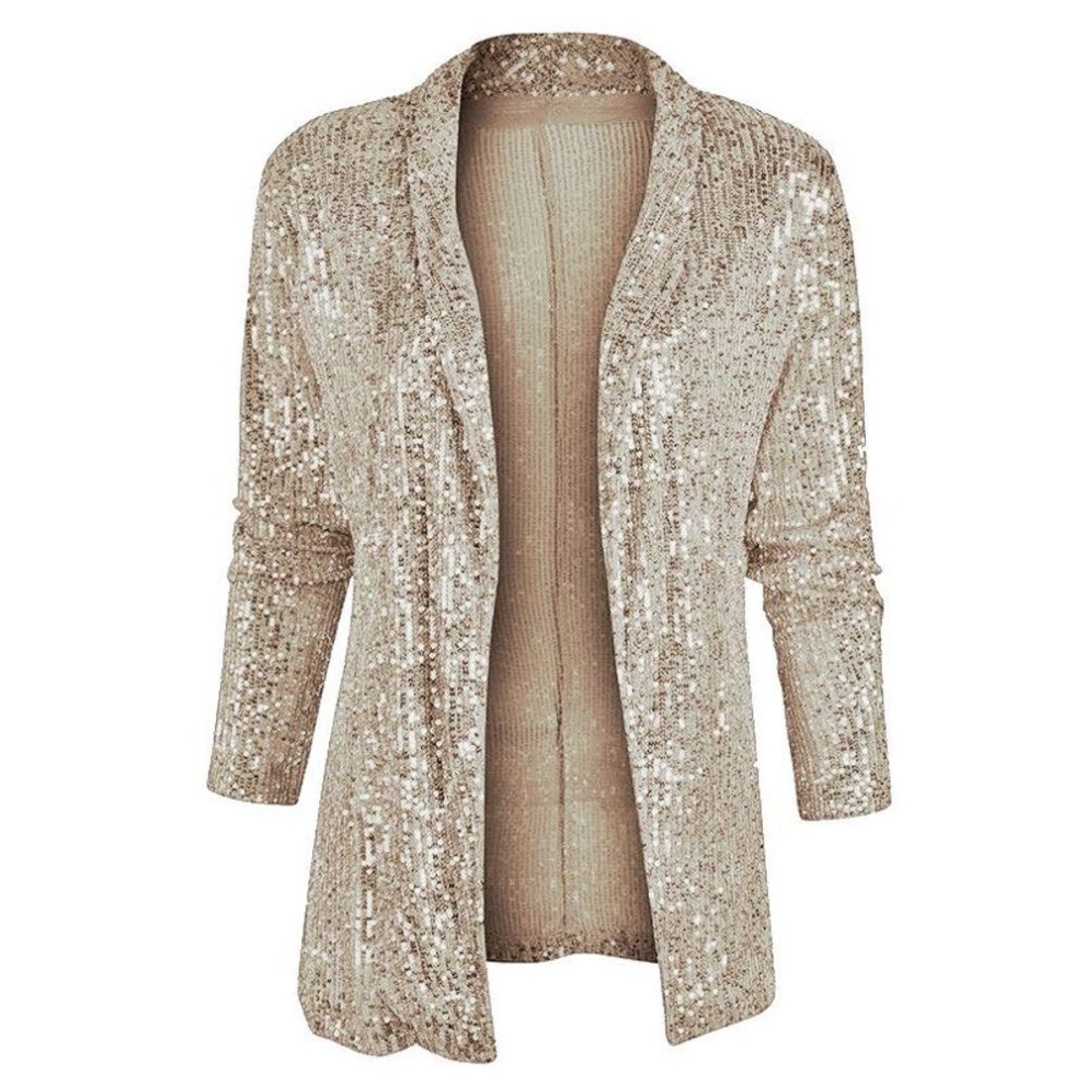 (champagne, L) 2025 Spring Sequin Long Sleeve Medium Length Lapel Jacket For Women