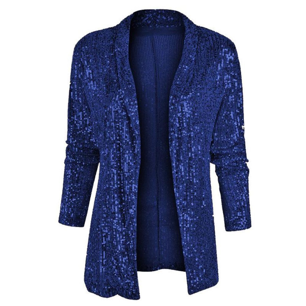 (navy blue, L) 2025 Spring Sequin Long Sleeve Medium Length Lapel Jacket For Women