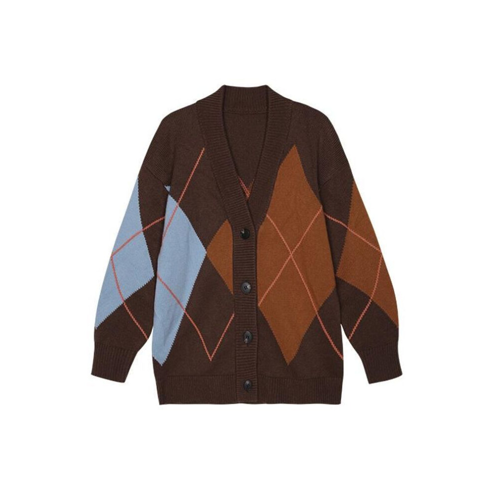 (Small) "Hongshan Women's Brown V-Neck Diamond Pattern Wool Blend Cardigan Sweater