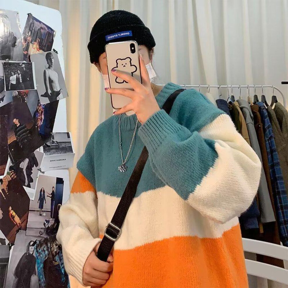 (green, XL) "Retro Contrast Color Knitted Sweater for Men and Women - Japanese National Trend