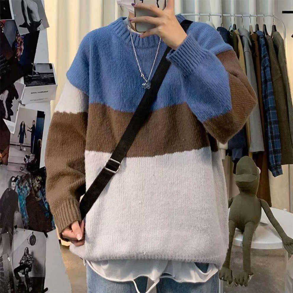 (blue, XL) "Retro Contrast Color Knitted Sweater for Men and Women - Japanese National Trend