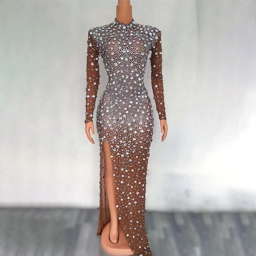 (dark brown, Extra Large) Novans Brown & White Diamond Side Slit Slim Fit Long Sleeve Evening Gown