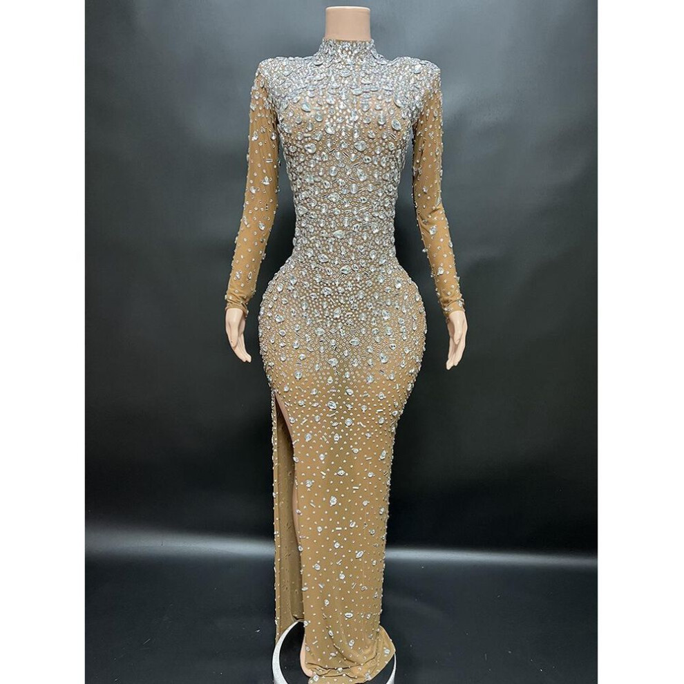 (light brown, Small) Novans Brown & White Diamond Side Slit Slim Fit Long Sleeve Evening Gown
