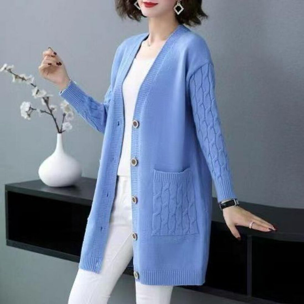 (blue, Small) "2024 V-Neck Knitted Cardigan: Versatile, Loose-fit, Medium-Long Sweater for Women
