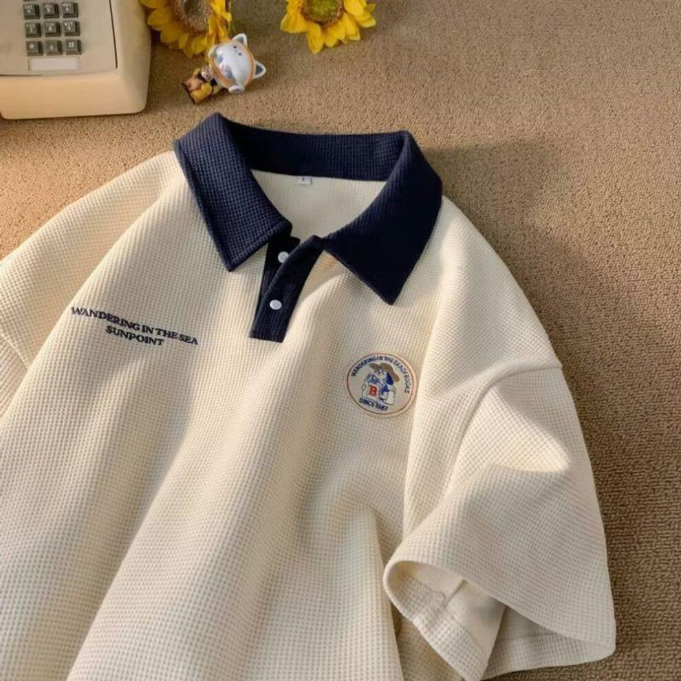 (apricot, XL) Men's Summer Trendy Waffle Short-Sleeve T-Shirt, Hong Kong Style, Heavy Japanese-Inspired Polo for Couples