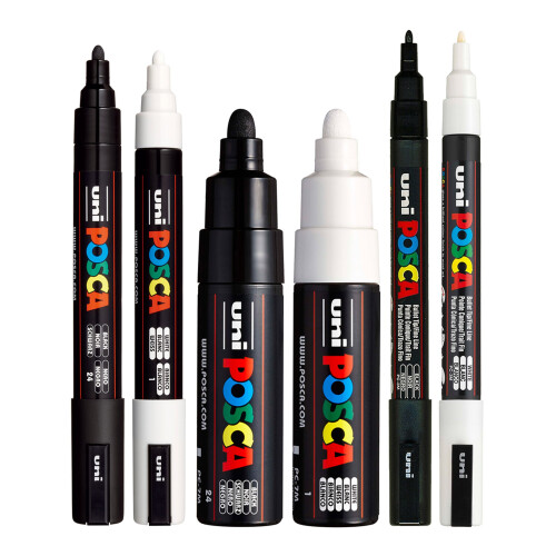 POSCA Black & White Bullet Tip  Sada 6 per (PC-5M PC-7M PC-3M)