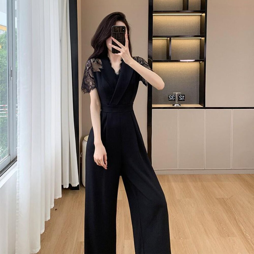 (black, XL) "Summer High-Waist Lace Splicing Romper for Women – Short Sleeve & Straight Trousers