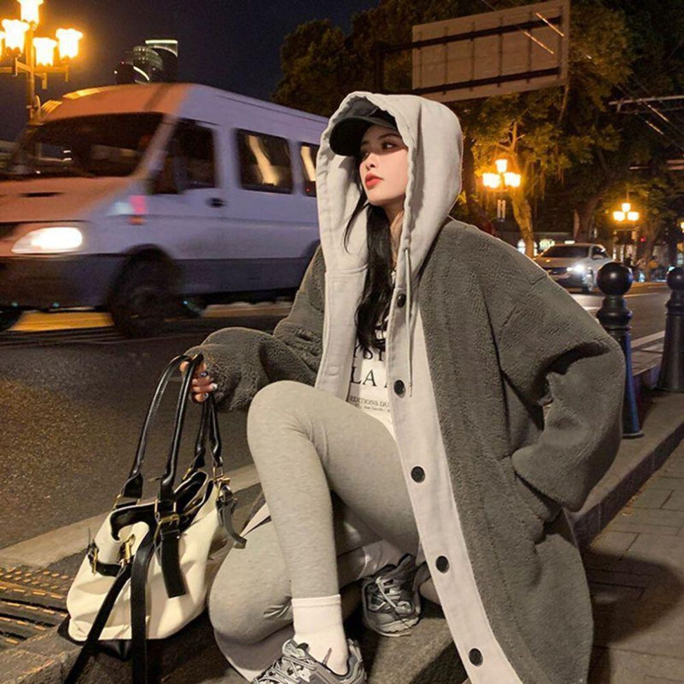 (gray, M) Hooded Long Lambskin Faux Two-Piece Coat for Women - Winter Fashion Solid Color with Buttons