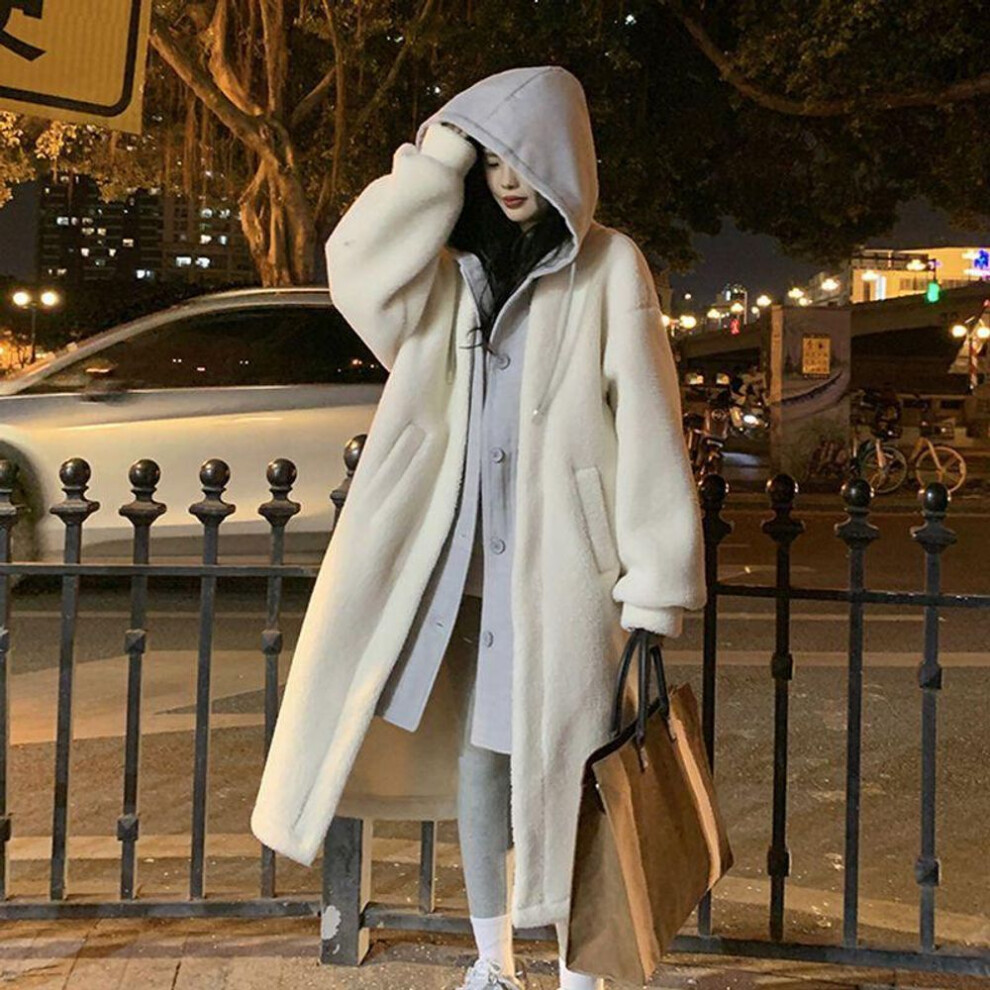 (white, 2XL) Hooded Long Lambskin Faux Two-Piece Coat for Women - Winter Fashion Solid Color with Buttons