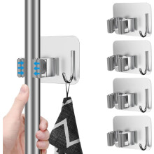 Broom Holder Wall Mounted 4-Pack – Stainless Steel Mop & Broom Organizer for Bathroom, Kitchen, Garage & Garden