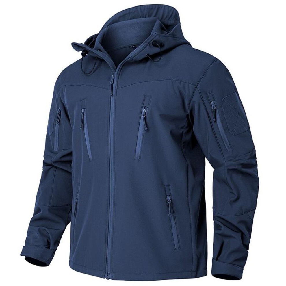 (navy blue, L) Men&apos;s Soft Shell Tactical Jacket Waterproof Warm Fleece Hooded Military Coat Winter Hiking Hunting Clothes Outerwear Outdoor Windbreaker Usa Size