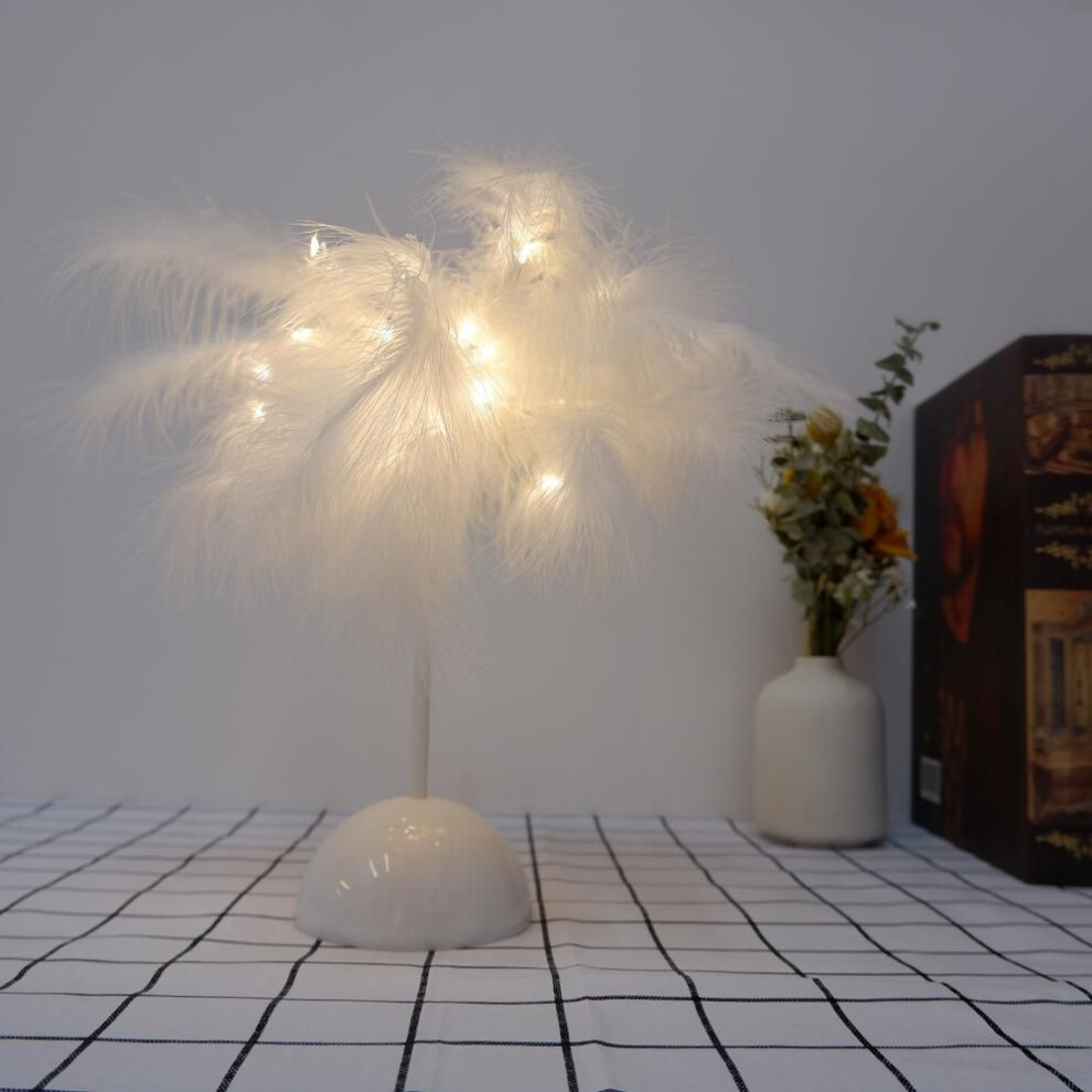 (white, 22CM) Night Light Led Feather Table Lamp Iron Base Creative Night Light Romantic Home Decoration Bedroom Living Room Dining Room