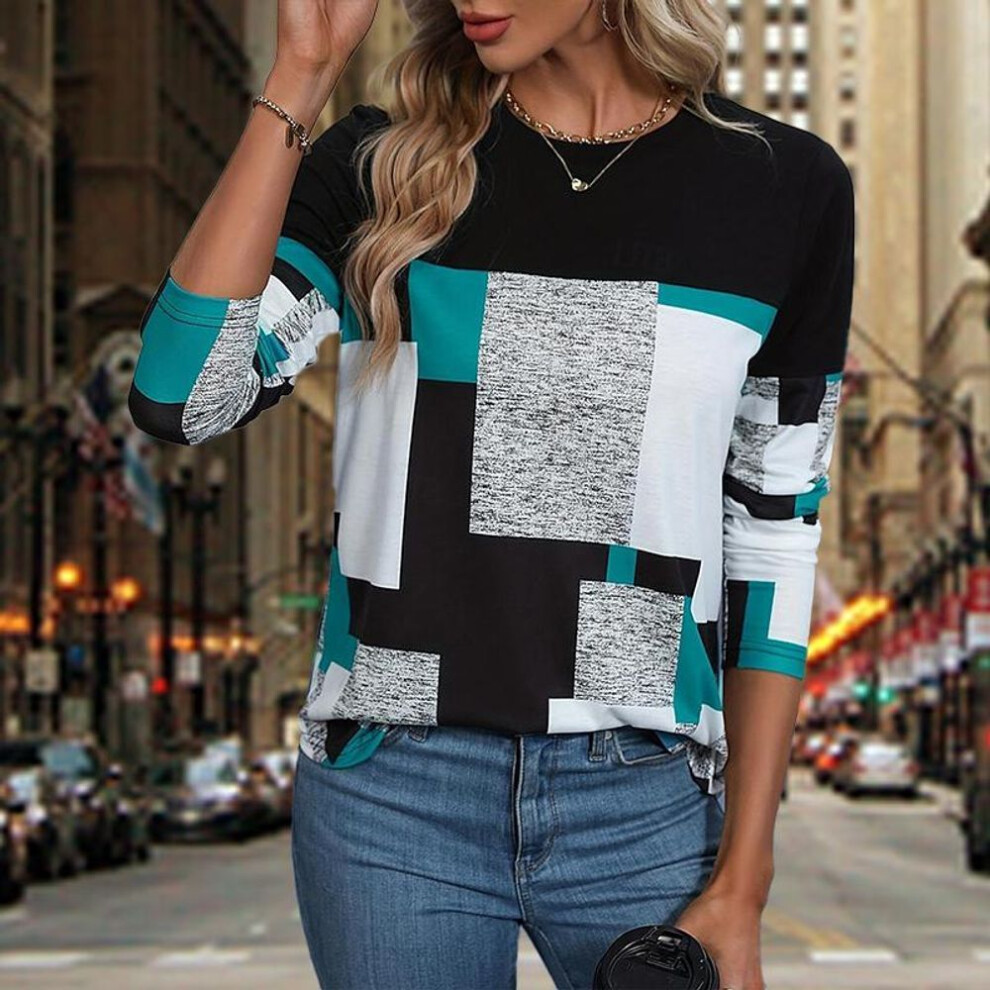 (3XL, grey) Women Autumn Tops Green Mosaic Block Print Causal Long Sleeve T-shirt Top Blouse